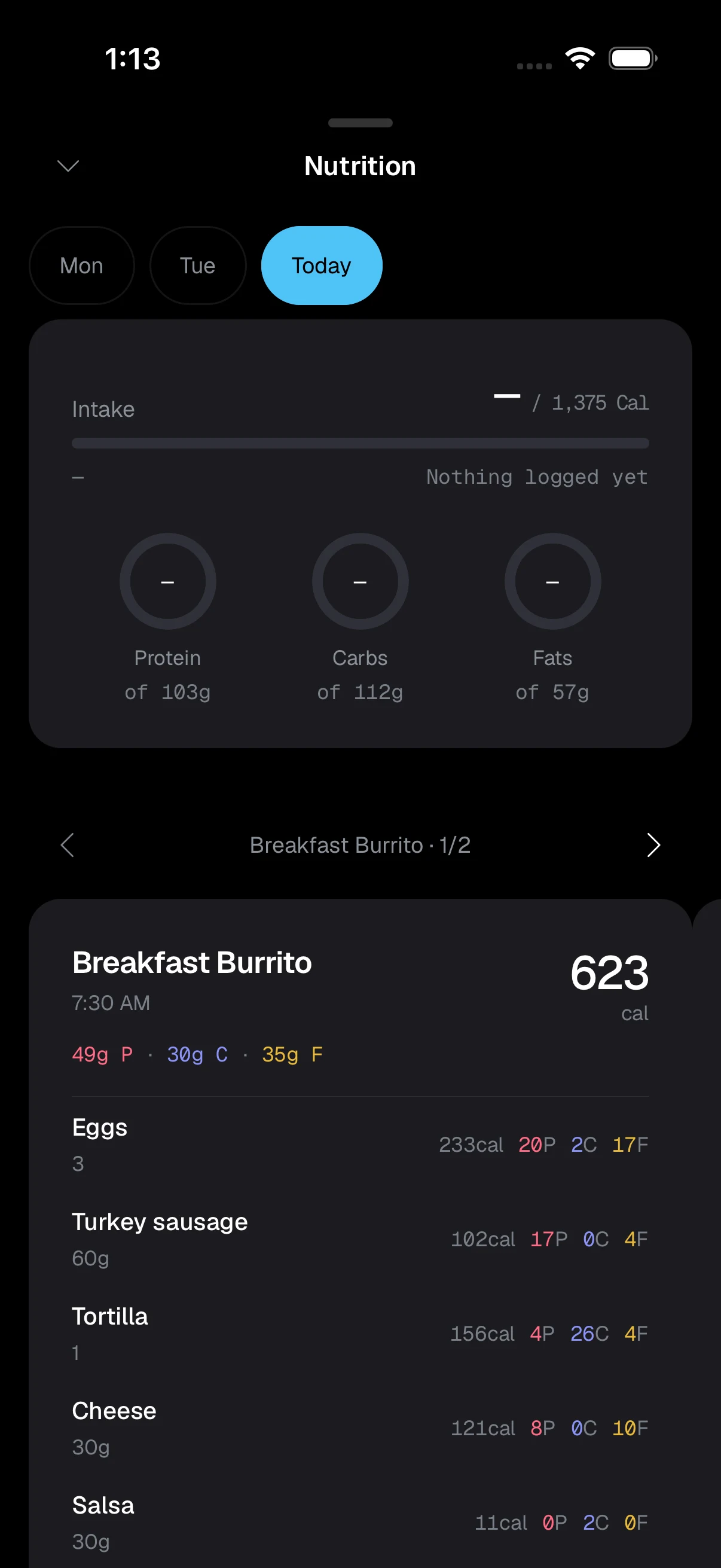 Current BioTrainer app: Nutrition