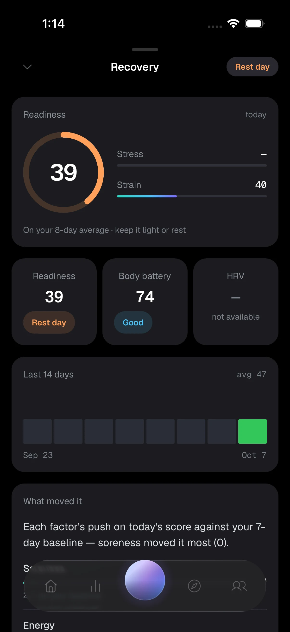 Current BioTrainer app: Recovery score